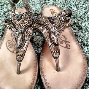 Bronze Beaded Thong Slingback Sandals